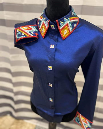 Royal Blue Base Western Show Shirt with Yellow, Blue & Red Applique