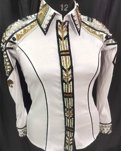 White Base Western Show Shirt with Black and Golden Applique
