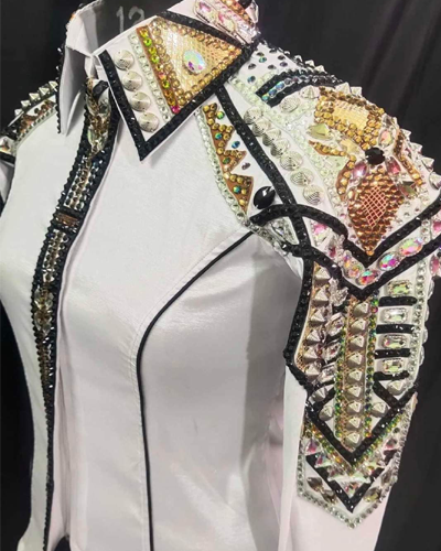 White Base Western Show Shirt with Black and Golden Applique
