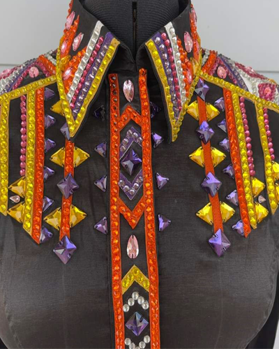 Black Base Western Show Shirt with Orange & Yellow Applique