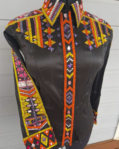 Black Base Western Show Shirt with Orange & Yellow Applique