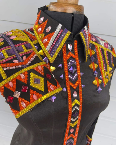 Black Base Western Show Shirt with Orange & Yellow Applique
