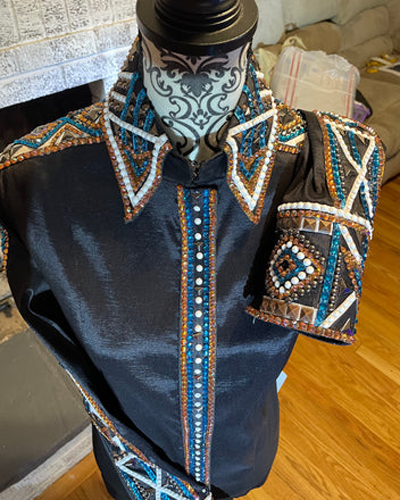 Black Base Western Show Shirt with White, Blue and Copper Applique