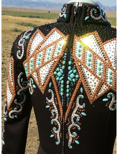 Black Showmanship Jacket with White, Copper and Blue Applique