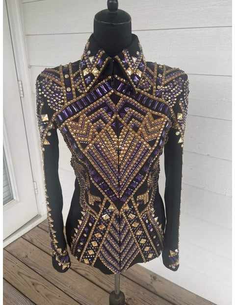 Black base Showmanship Jacket with Golden and Purple Applique
