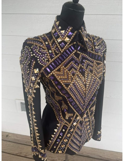 Black base Showmanship Jacket with Golden and Purple Applique