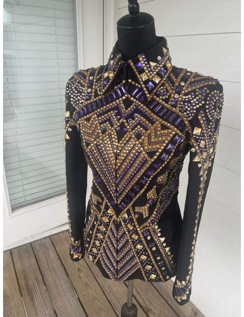 Black base Showmanship Jacket with Golden and Purple Applique