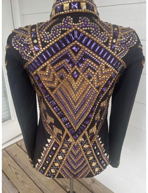 Black base Showmanship Jacket with Golden and Purple Applique