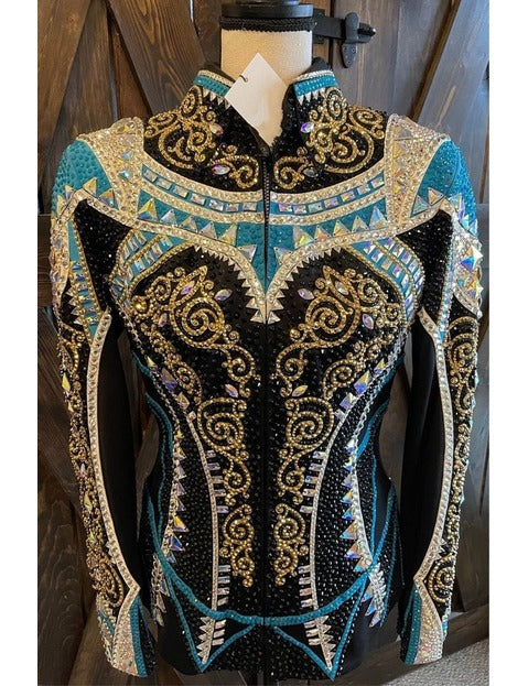 Blue Silver and Golden Applique Showmanship Jacket on Black Base