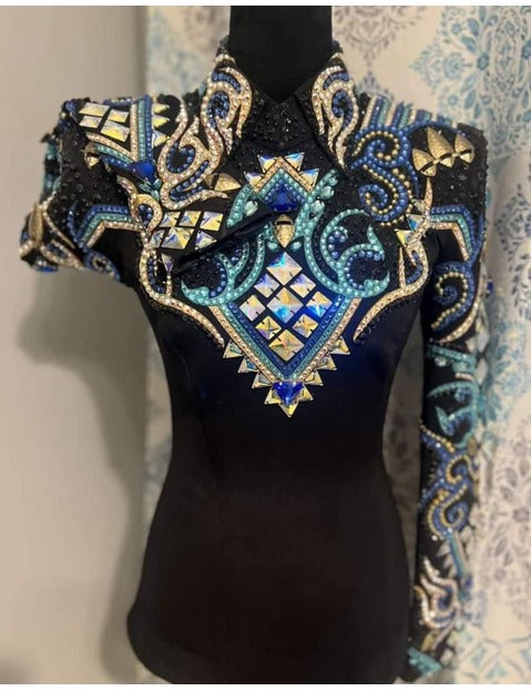 Blues and Golden Applique Showmanship Jacket on Black base