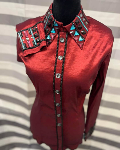 Burnt Red Western Show Shirt with Blue and Black Applique
