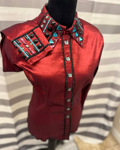 Burnt Red Western Show Shirt with Blue and Black Applique