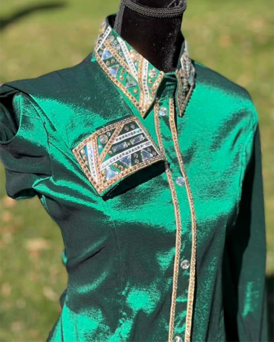 Emerald Green Western Show Shirt with Silver and Golden Applique